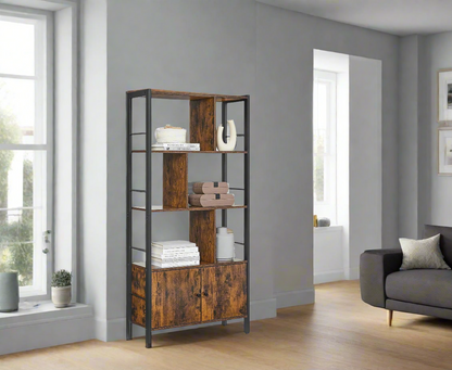 Industrial 4-Tier Bookcase with Doors