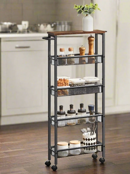 Slim 5-tier rolling kitchen trolley in rustic brown with black steel frame and mesh shelves

