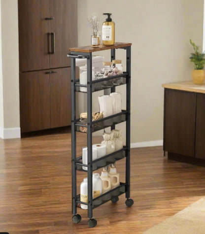5-Tier Slim Rolling Trolley – Space-Saving Kitchen & Bathroom Storage Cart with Castors