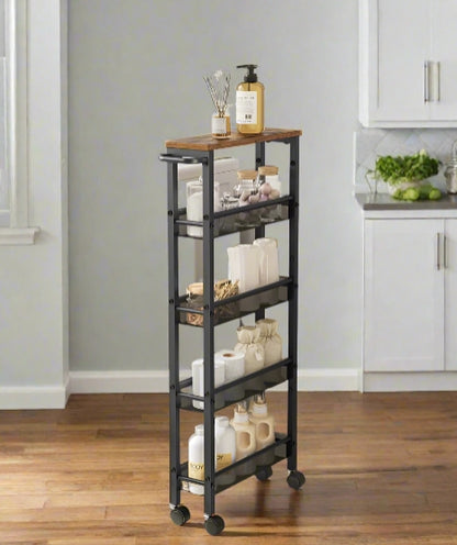 5-Tier Slim Rolling Trolley – Space-Saving Kitchen & Bathroom Storage Cart with Castors