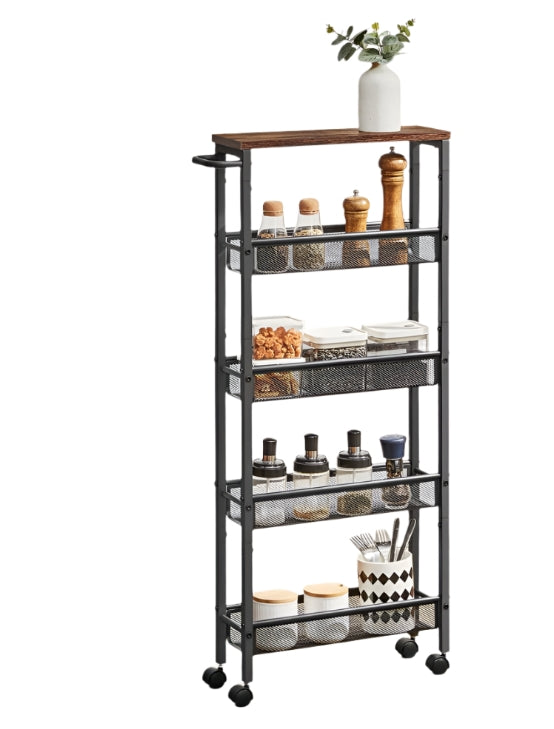 5-Tier Slim Rolling Trolley – Space-Saving Kitchen & Bathroom Storage Cart with Castors