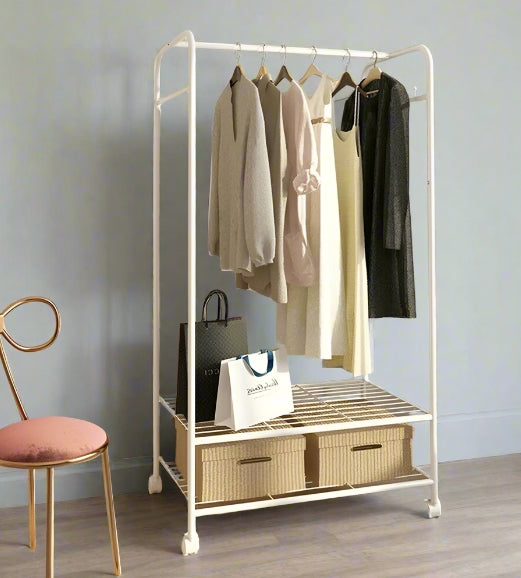 Slim White Metal Clothes Rail Garment Rack with Storage Shelves, Hooks & Rolling Wheels