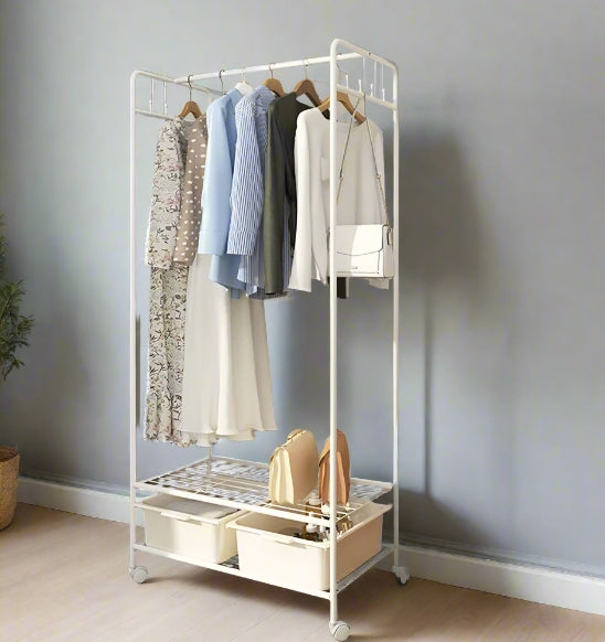 Slim White Metal Clothes Rail Garment Rack with Storage Shelves, Hooks & Rolling Wheels