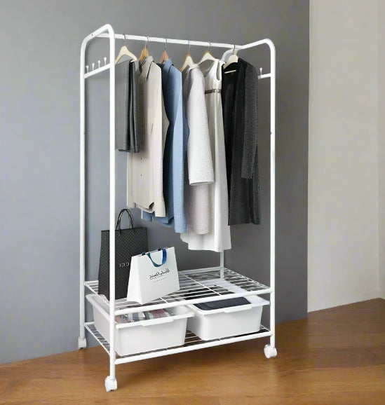 Slim White Metal Clothes Rail Garment Rack with Storage Shelves, Hooks & Rolling Wheels