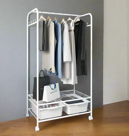 Slim White Metal Clothes Rail Garment Rack with Storage Shelves, Hooks & Rolling Wheels