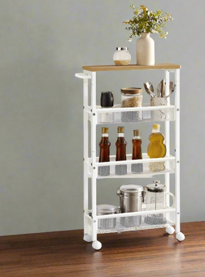 Slim 4-Tier Kitchen Storage Trolley with Wheels – Oak & White, Narrow Rolling Cart for Small Spaces