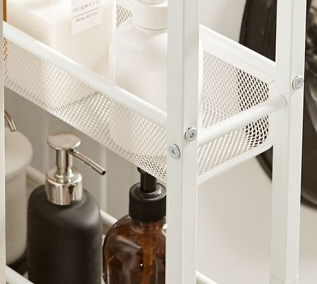 Slim 4-Tier Kitchen Storage Trolley with Wheels – Oak & White, Narrow Rolling Cart for Small Spaces