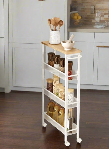 Slim 4-Tier Kitchen Storage Trolley with Wheels – Oak & White, Narrow Rolling Cart for Small Spaces