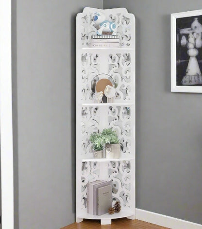 White Free-Standing Corner Shelf – 4-Tier PVC Storage Unit for Bathroom, Bedroom, Living Room & More