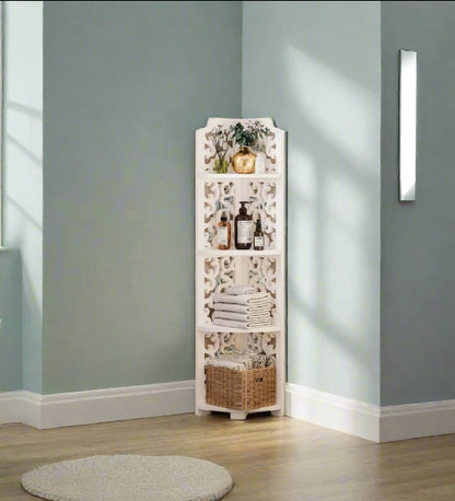 White Free-Standing Corner Shelf – 4-Tier PVC Storage Unit for Bathroom, Bedroom, Living Room & More