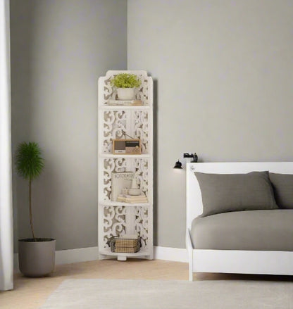 White Free-Standing Corner Shelf – 4-Tier PVC Storage Unit for Bathroom, Bedroom, Living Room & More