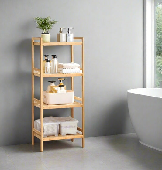 Natural bamboo 5-tier storage rack with adjustable shelves in a modern bathroom

