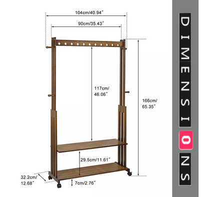 Rustic Bamboo Clothes Rail Rack with Rolling Wheels, Two-Tier Shoe Shelves, Adjustable Top Shelf