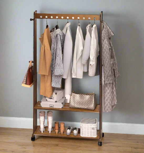 Rustic Bamboo Clothes Rail Rack with Rolling Wheels, Two-Tier Shoe Shelves, Adjustable Top Shelf