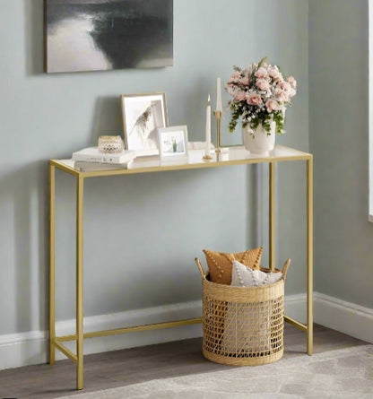 Modern Golden Metal Console Table with Tempered Glass Top – 100 x 35 x 80 cm