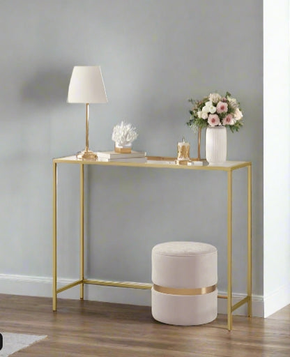 Modern Golden Metal Console Table with Tempered Glass Top – 100 x 35 x 80 cm