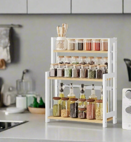 Three tier bamboo spice rack with natural oak MDF shelves for kitchen countertop storage

