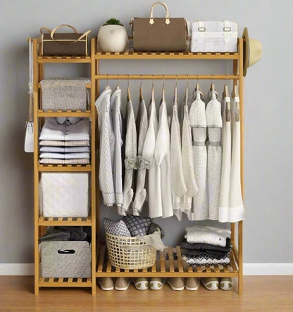 Bamboo Clothes Storage Rack with Shelves and Hanging Rail, Freestanding Garment Organizer