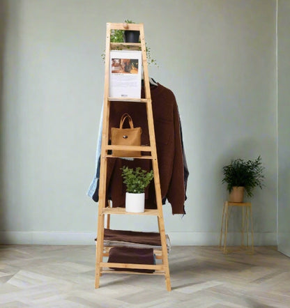 Bamboo Clothes Storage Rack with Shelves and Hanging Rail, Freestanding Garment Organizer