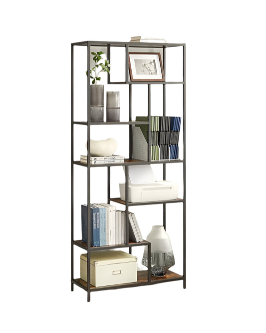 Rustic brown and black 6-tier geometric bookcase with steel frame for living room, kitchen or office

