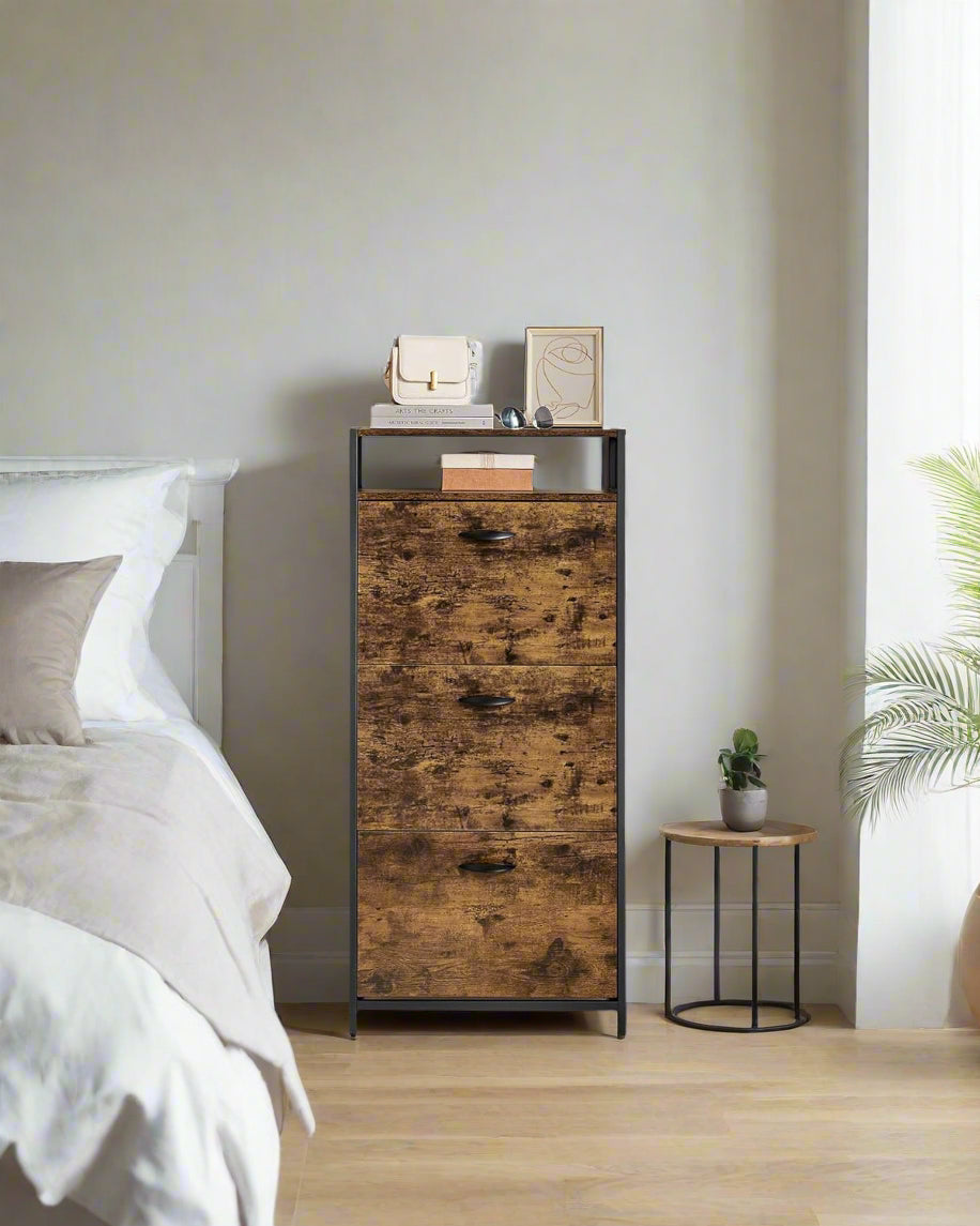 Slim Rustic Brown & Black Shoe Cabinet with 3 Fold-Out Doors - Industrial Style