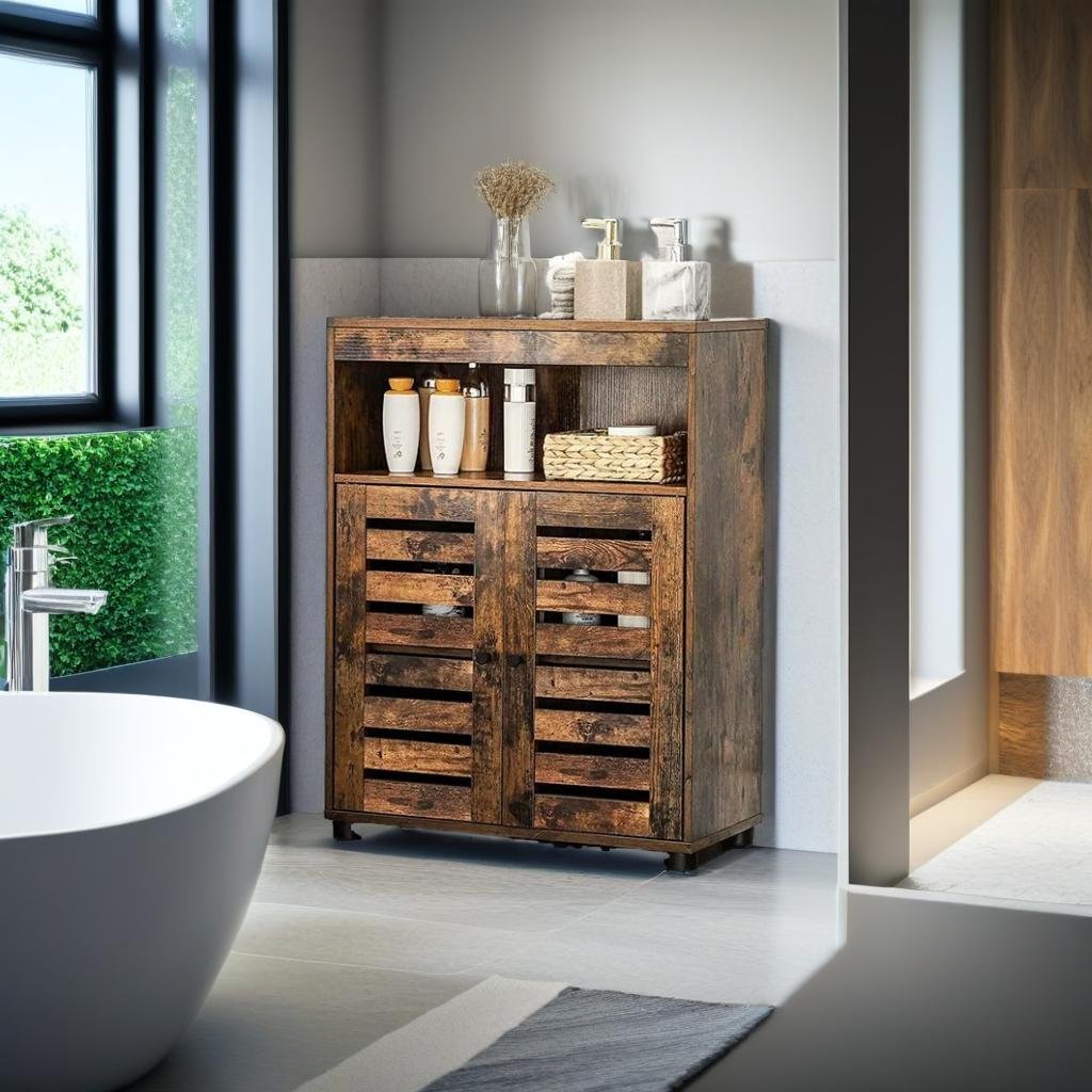 4-Tier Rustic Bathroom Cabinet with Louver Doors – Adjustable Shelf, 60 x 30 x 80 cm