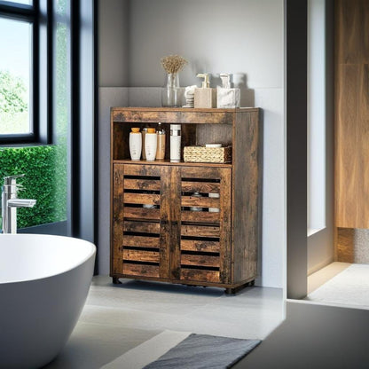 4-Tier Rustic Bathroom Cabinet with Louver Doors – Adjustable Shelf, 60 x 30 x 80 cm