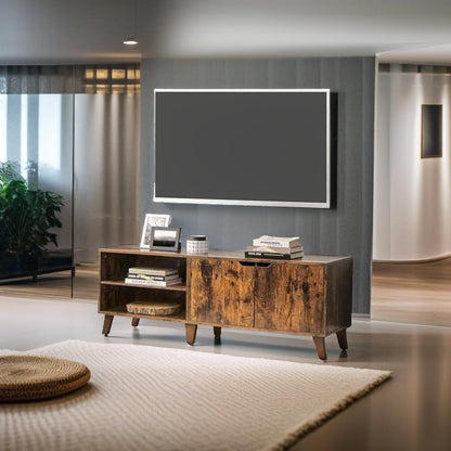 Rustic Brown TV Stand with 2 Doors & Adjustable Shelves – 140cm Unit for TVs up to 65” – Living Room Storage Cabinet