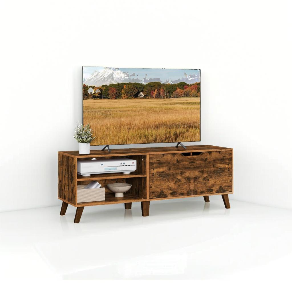 Rustic Brown TV Stand with 2 Doors & Adjustable Shelves – 140cm Unit for TVs up to 65” – Living Room Storage Cabinet