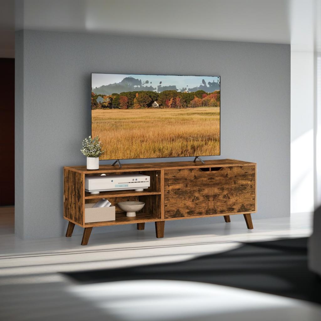 Rustic Brown TV Stand with 2 Doors & Adjustable Shelves – 140cm Unit for TVs up to 65” – Living Room Storage Cabinet