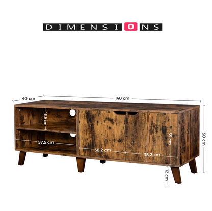 Rustic Brown TV Stand with 2 Doors & Adjustable Shelves – 140cm Unit for TVs up to 65” – Living Room Storage Cabinet