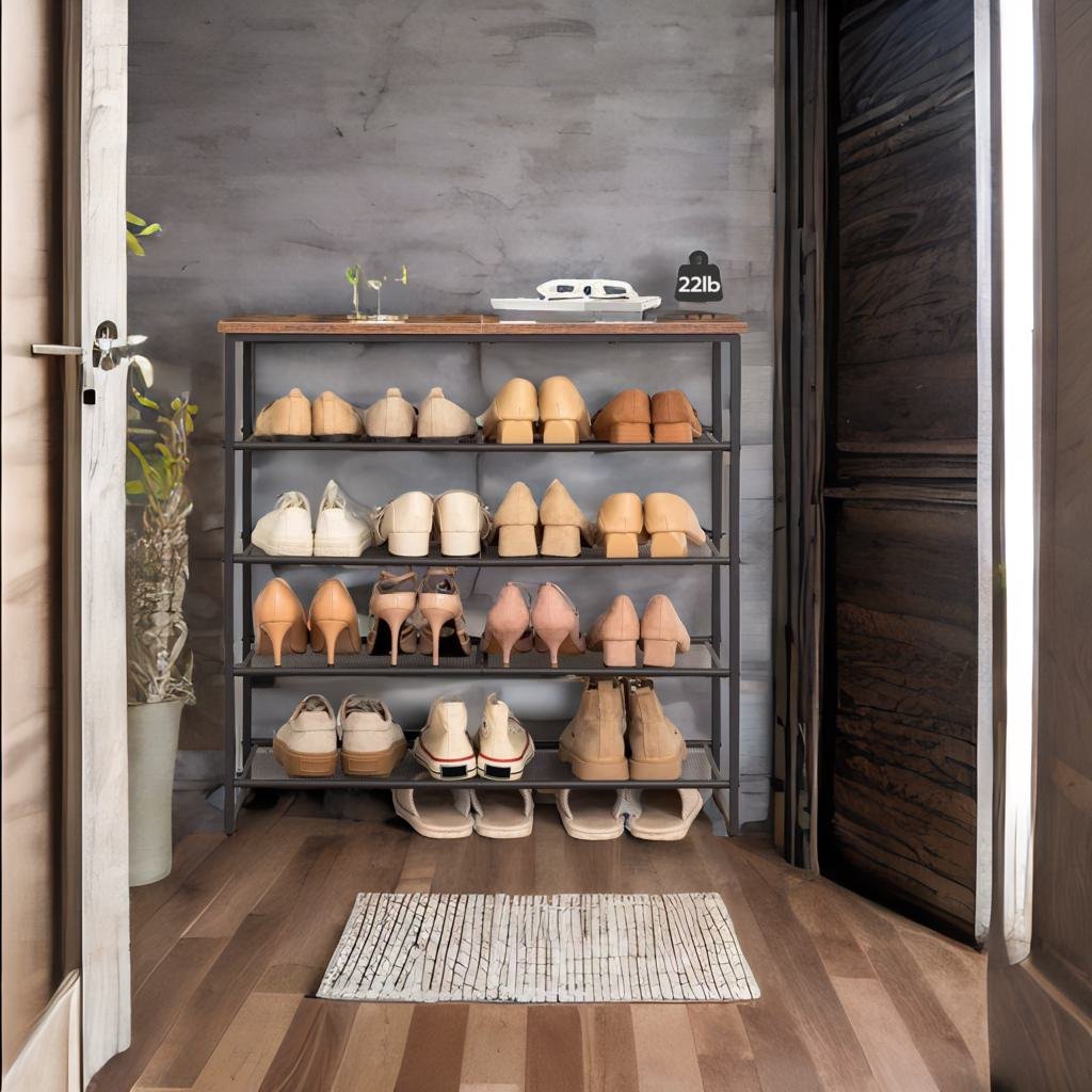 5-Tier Industrial Shoe Rack - Metal Frame Organizer