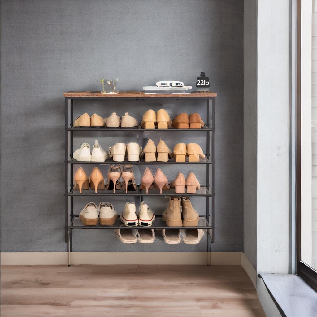 5-Tier Industrial Shoe Rack - Metal Frame Organizer