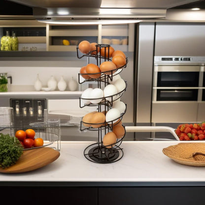 Black Spiral Egg Holder Rack Rotating Skelter Stand Holds 32 Eggs Kitchen Dispenser