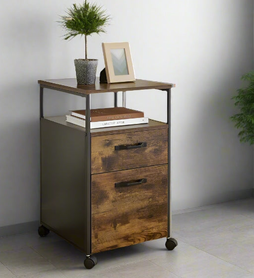 Industrial style mobile filing cabinet in rustic brown and black with drawers and wheels for home office

