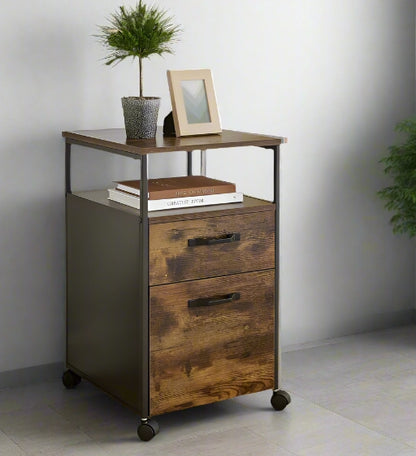 Industrial style mobile filing cabinet in rustic brown and black with drawers and wheels for home office

