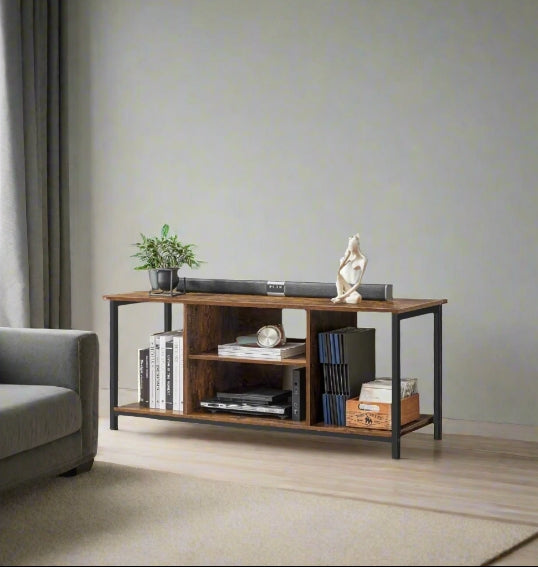 Rustic TV Stand for TVs up to 60 Inches – Industrial Entertainment Unit with Open Shelves, 120 x 40 x 50 cm