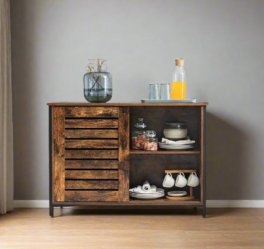 Industrial Sideboard with Sliding Doors – Rustic Brown & Black Storage Cabinet