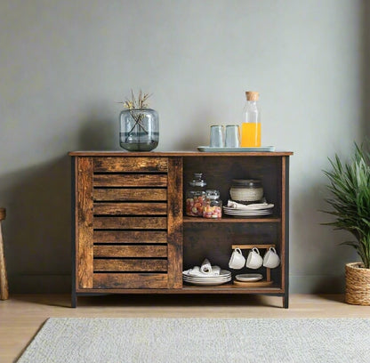 Industrial sideboard with black steel frame and rustic brown sliding louvered doors, ideal for kitchen, dining room, or hallway


