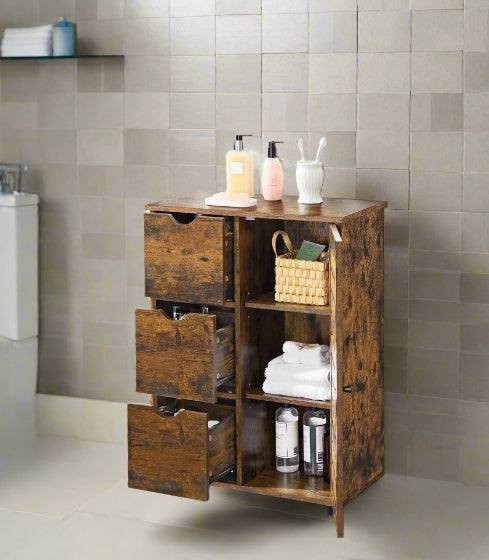 Rustic brown bathroom cabinet with 3 drawers and a single-door cupboard, ideal for organised storage in small living spaces