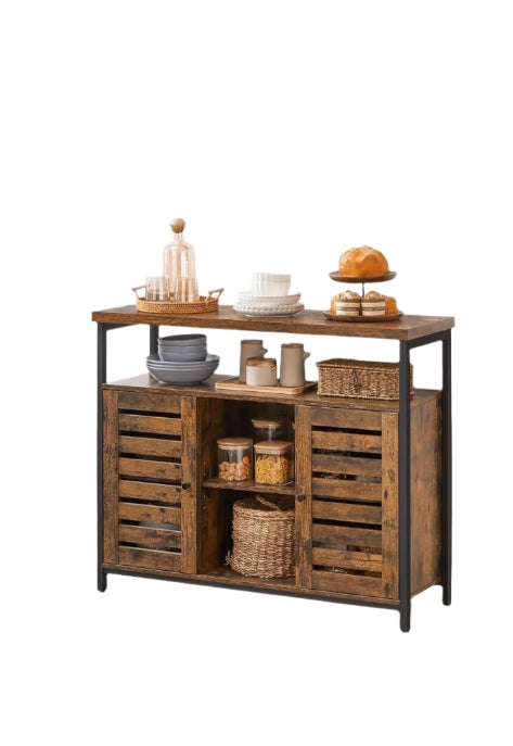 Rustic Floor Standing Cabinet with Louvred Doors – Kitchen Storage Cupboard with Shelves, Industrial Style