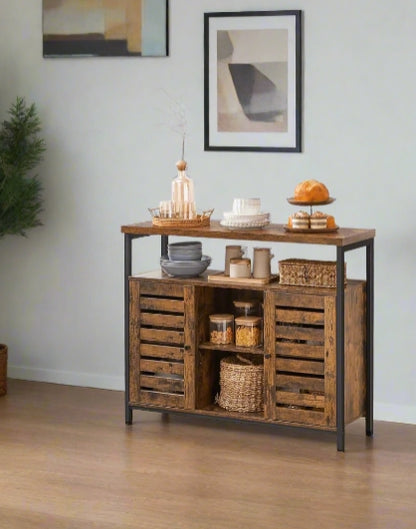 Rustic Floor Standing Cabinet with Louvred Doors – Kitchen Storage Cupboard with Shelves, Industrial Style
