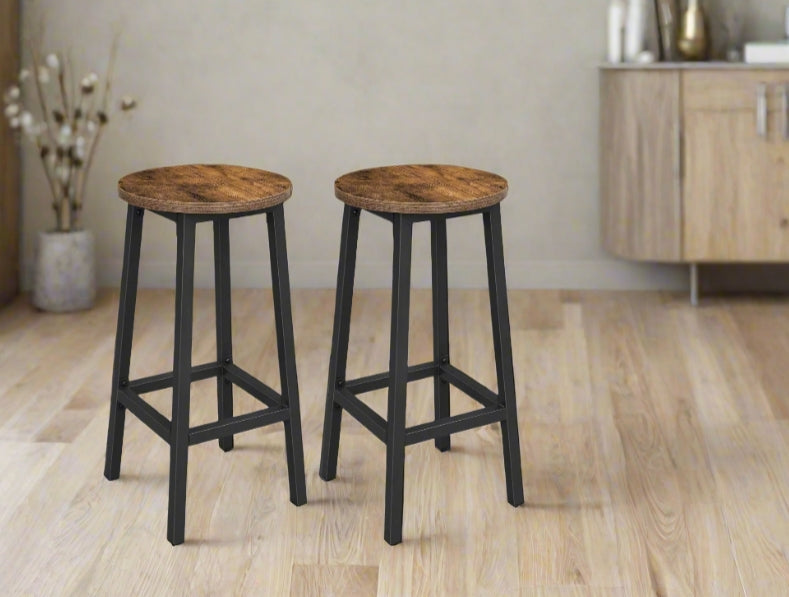 Set of 2 Bar Stools, Industrial Kitchen Breakfast Chairs, Rustic Brown and Black