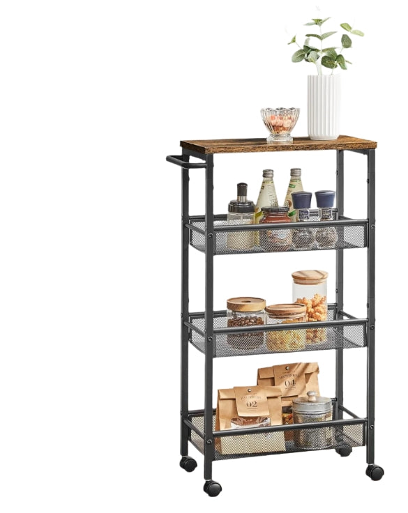 Slim 4-Shelf Rolling Trolley, Space-Saving Kitchen Cart with Wheels, Rustic Brown and Black