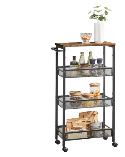 Slim 4-Shelf Rolling Trolley, Space-Saving Kitchen Cart with Wheels, Rustic Brown and Black