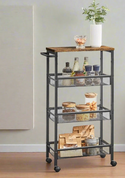 Slim 4-Shelf Rolling Trolley, Space-Saving Kitchen Cart with Wheels, Rustic Brown and Black