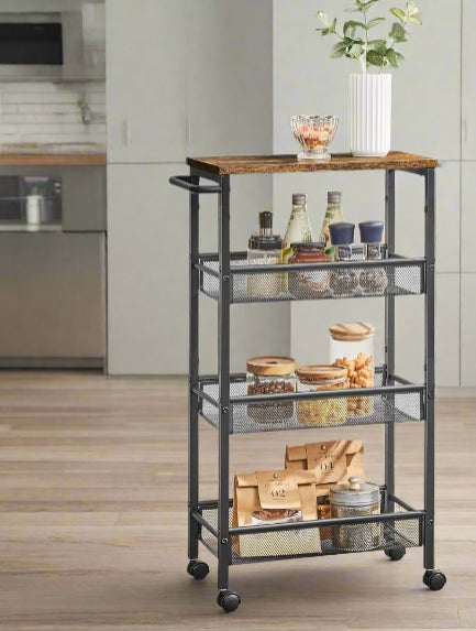 Slim 4-shelf rustic rolling trolley with castors and mesh shelves for small kitchen or bathroom spaces

