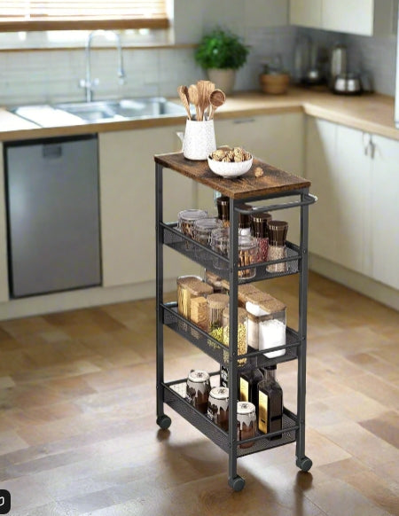 Slim 4-Shelf Rolling Trolley, Space-Saving Kitchen Cart with Wheels, Rustic Brown and Black