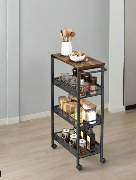Slim 4-Shelf Rolling Trolley, Space-Saving Kitchen Cart with Wheels, Rustic Brown and Black