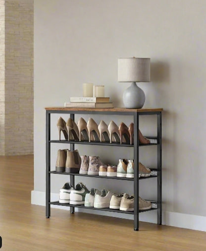 4-tier industrial shoe rack with adjustable mesh shelves and rustic brown top, ideal for entryway or hallway shoe storage

